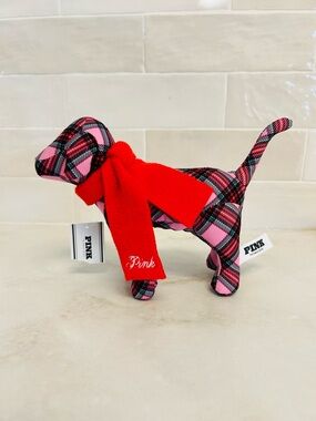 Victoria's Secret PINK 2025 Plaid Dog Plush in Pink and Black with Red Scarf